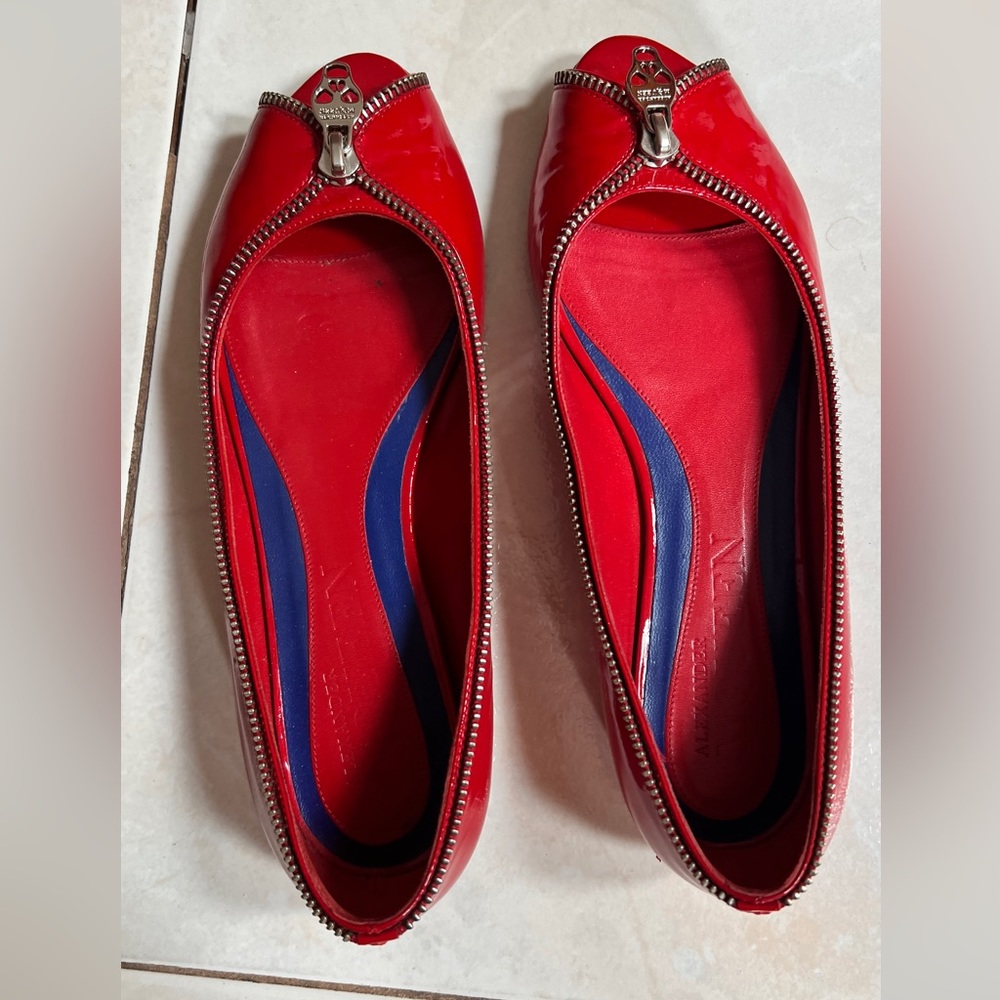 Alexander McQueen Red Patent Zipper Shoes Flats